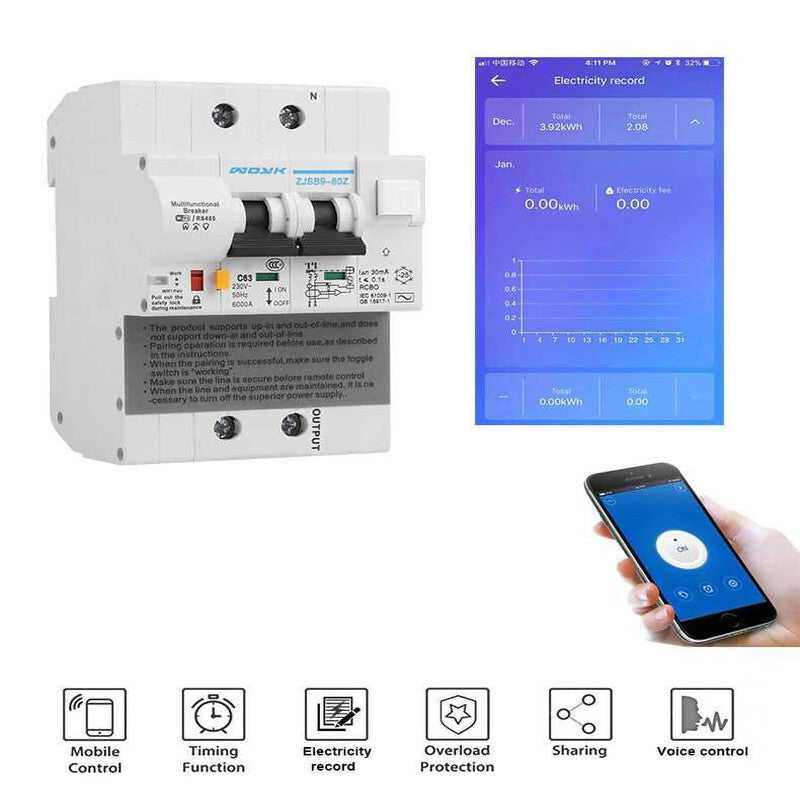 30mA RCBO WiFi Disjunctor diferential masurare energie TUYA