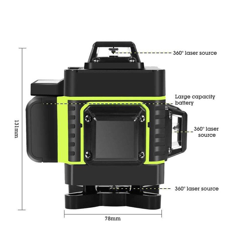 Set Nivela laser profesionala HILDA 4D 16 linii, laser verde 2 baterii